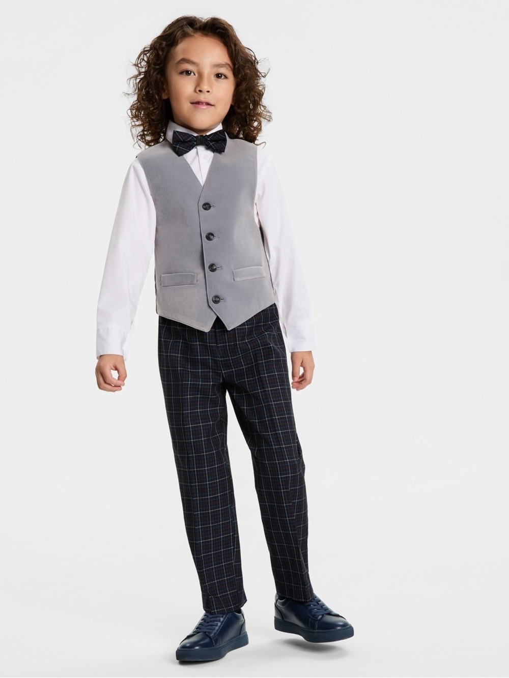 Nautica Toddler & Little Boys Grey Velvet Vest, Shirt, Bow Tie & Plaid Pants Set